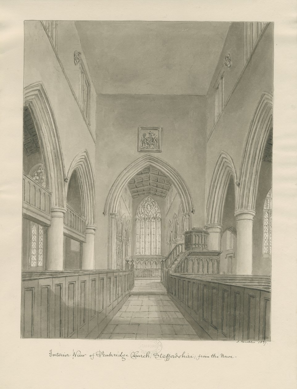 Penkridge templom belseje: szépia rajz alkotó: John Buckler
