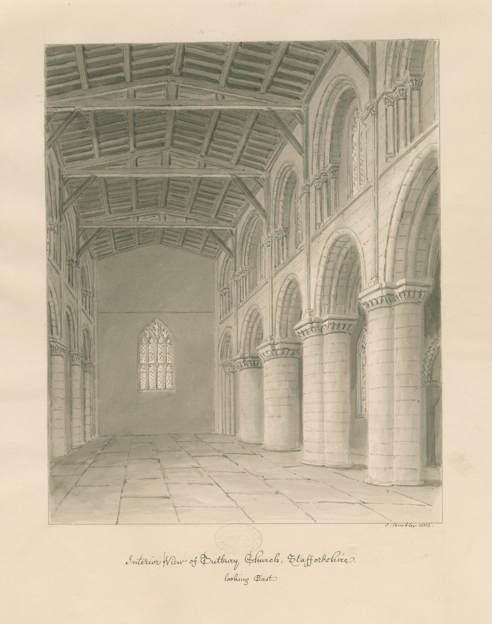 A Tutbury Priory Church belseje: szépia mosás rajz alkotó: John Buckler