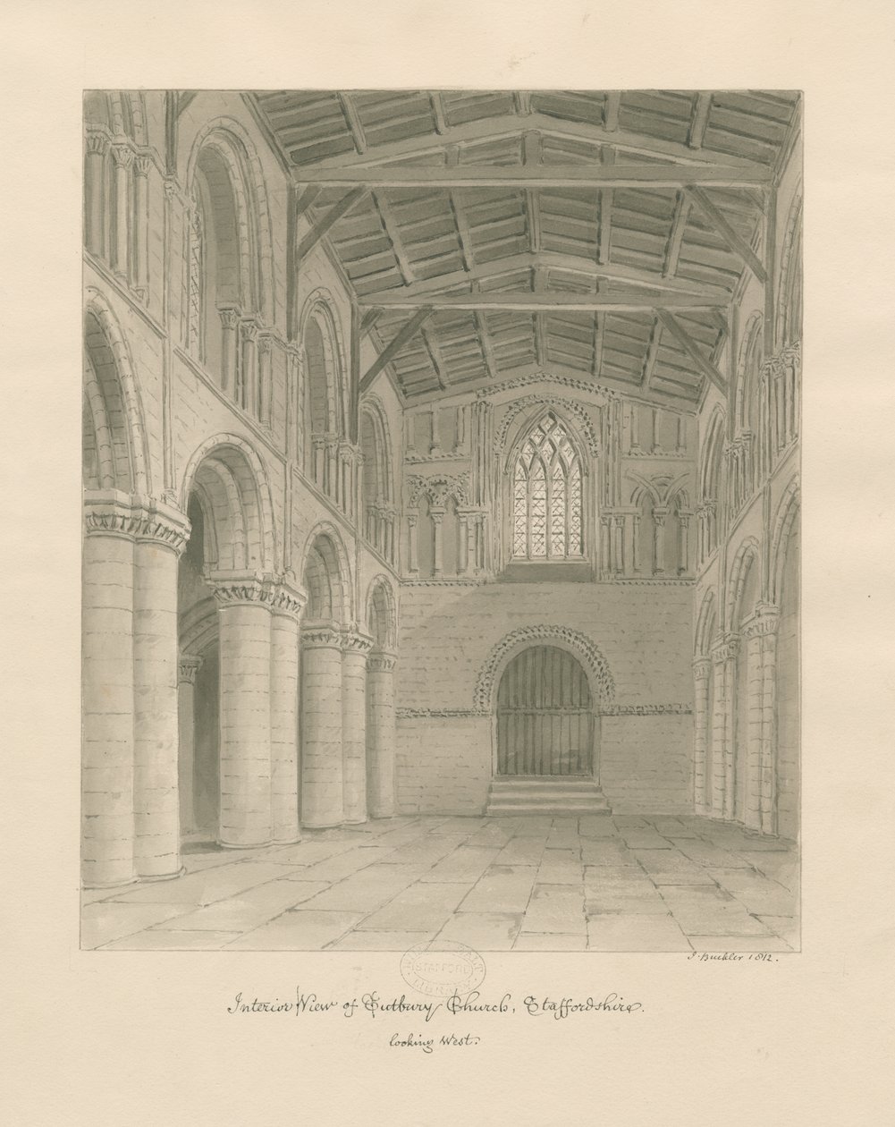 A Tutbury Priory Church belseje: szépia mosás rajz alkotó: John Buckler
