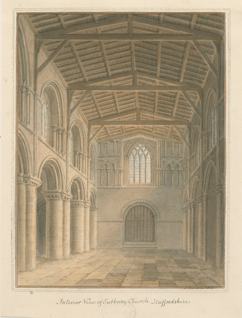 A Tutbury Priory templom belseje: akvarell festmény alkotó: John Buckler