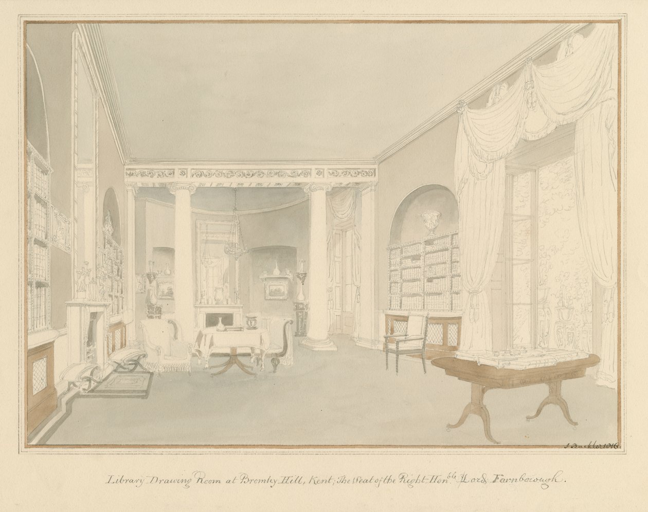 Kent – Bromley Hill – A könyvtári szalon belseje, 1816 alkotó: John Buckler