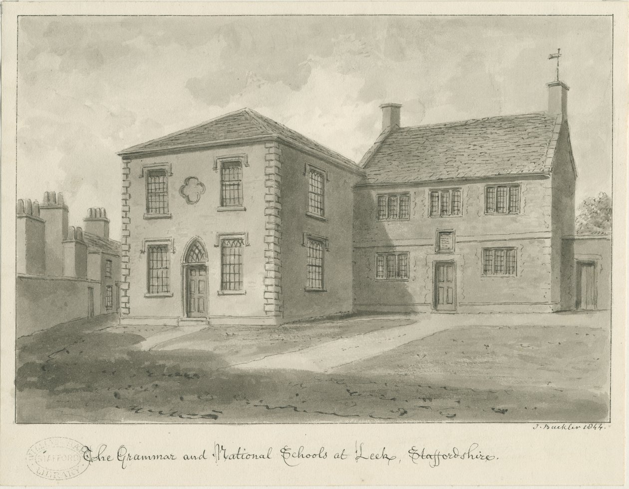 Leek Town - Gimnázium: szépia rajz, 1844 alkotó: John Buckler