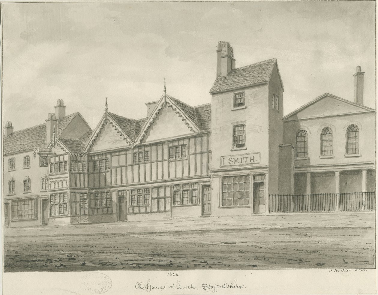 Leek Town - Régi házak: szépia rajz, 1844 alkotó: John Buckler