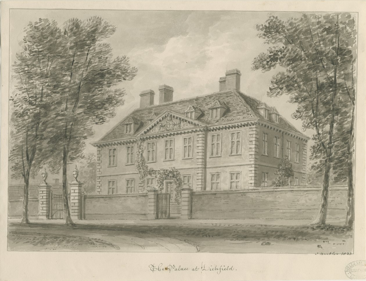 Lichfield - Püspöki palota a közelben: szépia rajz alkotó: John Buckler
