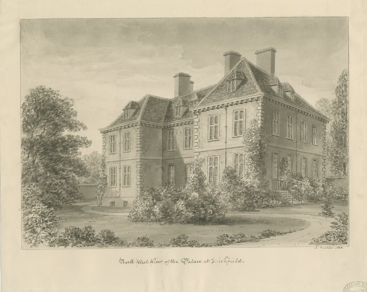 Lichfield - Püspöki palota a közelben: szépia rajz alkotó: John Buckler