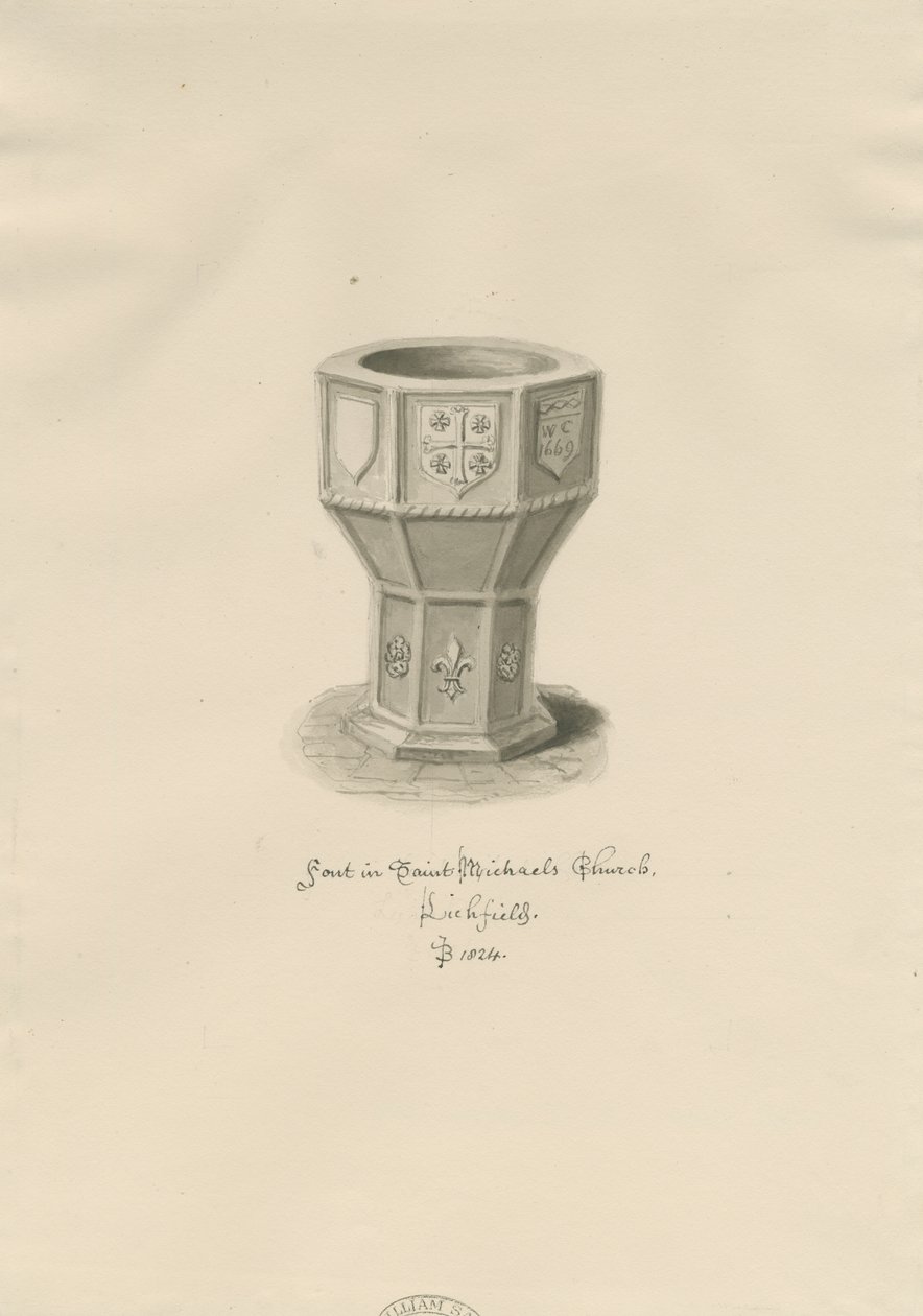 Lichfield - Betűtípus a Szent Mihály-templomban: szépia rajz alkotó: John Buckler