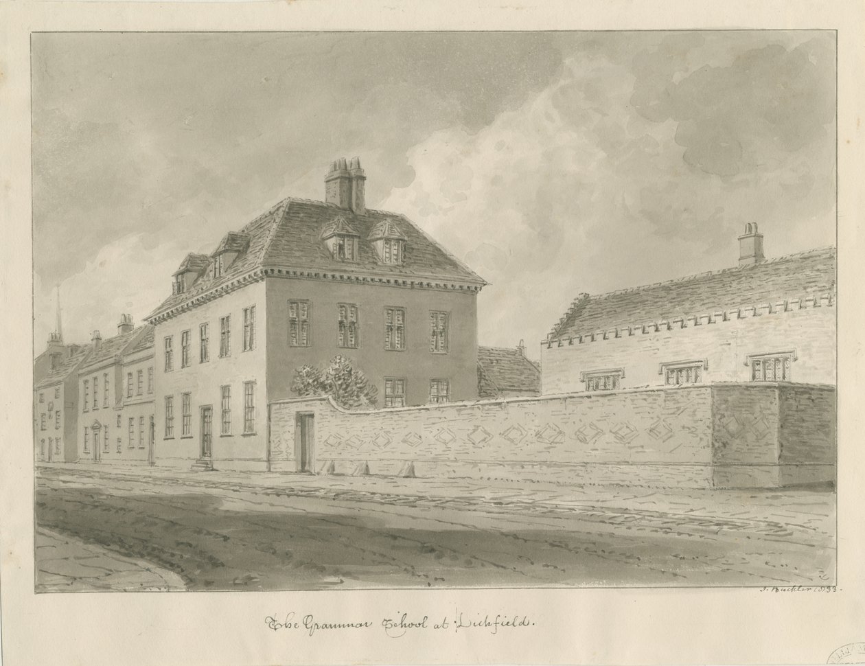 Lichfield - Gimnázium: szépia rajz alkotó: John Buckler