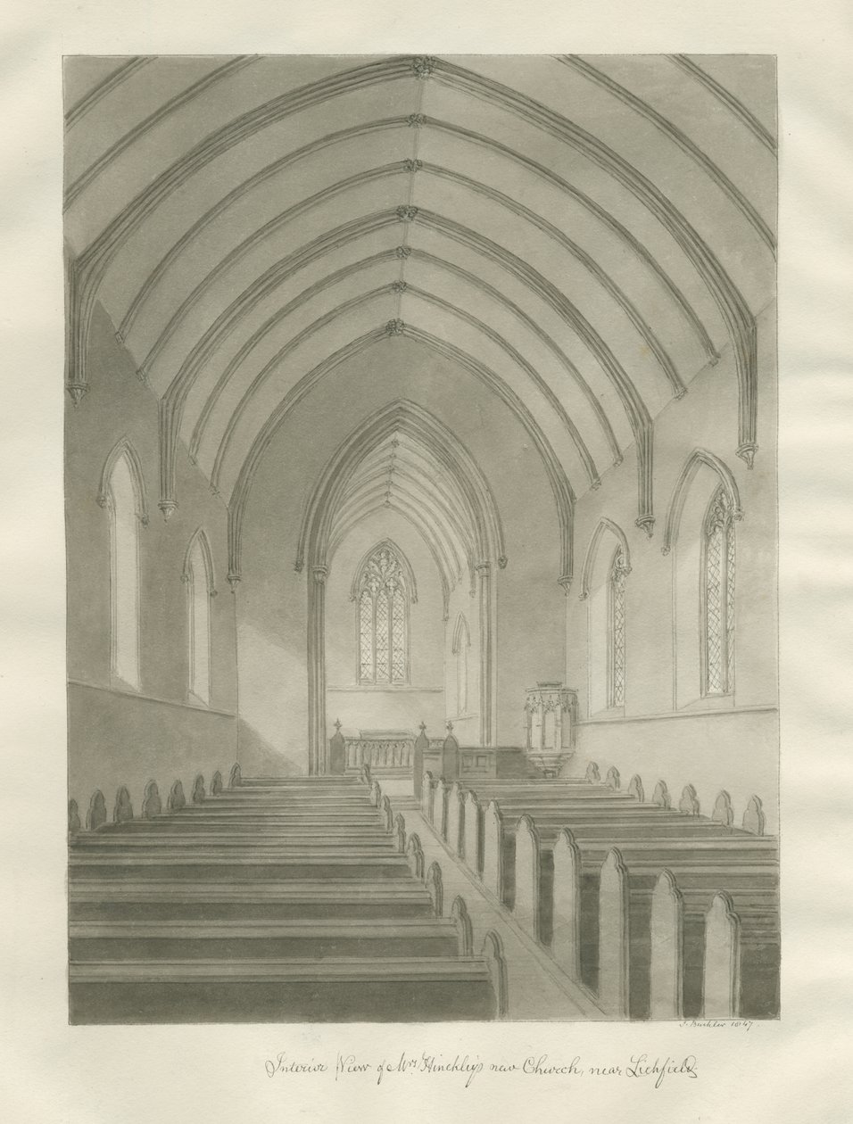 Lichfield - Krisztus templom belseje [Új templom]: szépia rajz alkotó: John Buckler