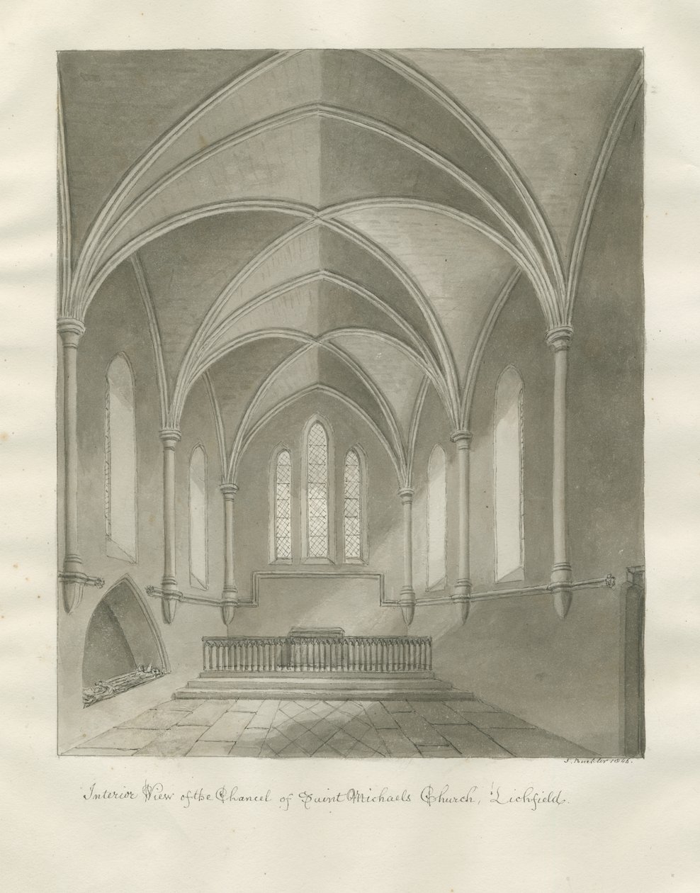 Lichfield - Szent Mihály templom belseje: szépia rajz alkotó: John Buckler