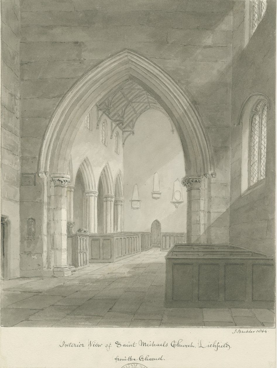 Lichfield - Szent Mihály templom belseje: szépia rajz alkotó: John Buckler