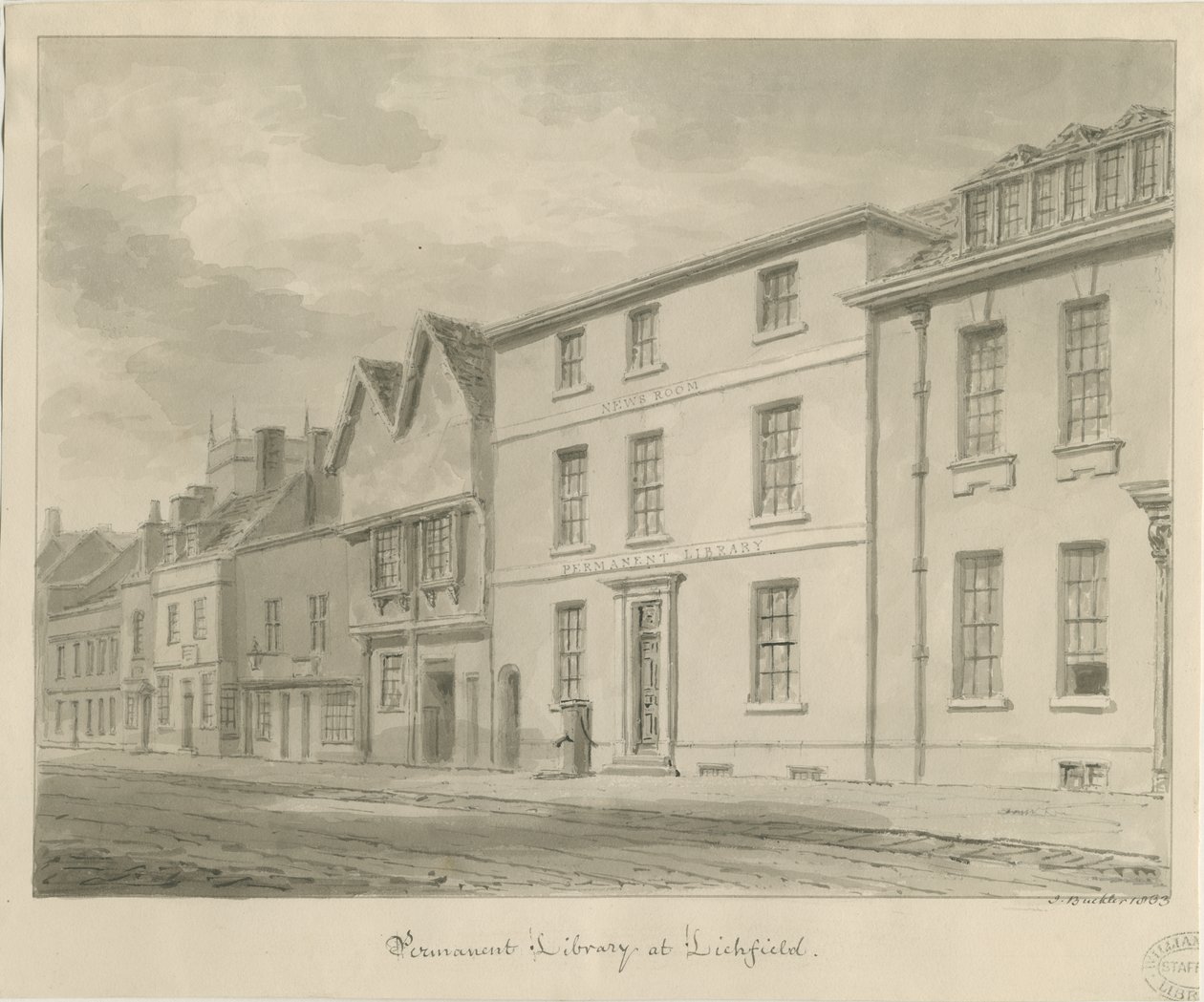 Lichfield - Könyvtár: szépia rajz, 1833 alkotó: John Buckler