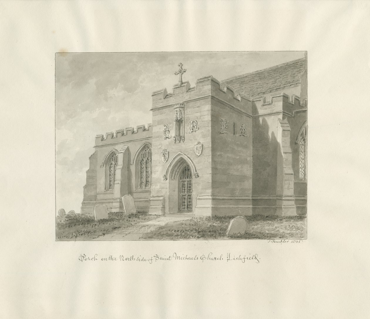 Lichfield - A Szent Mihály-templom északi tornáca: szépia rajz alkotó: John Buckler