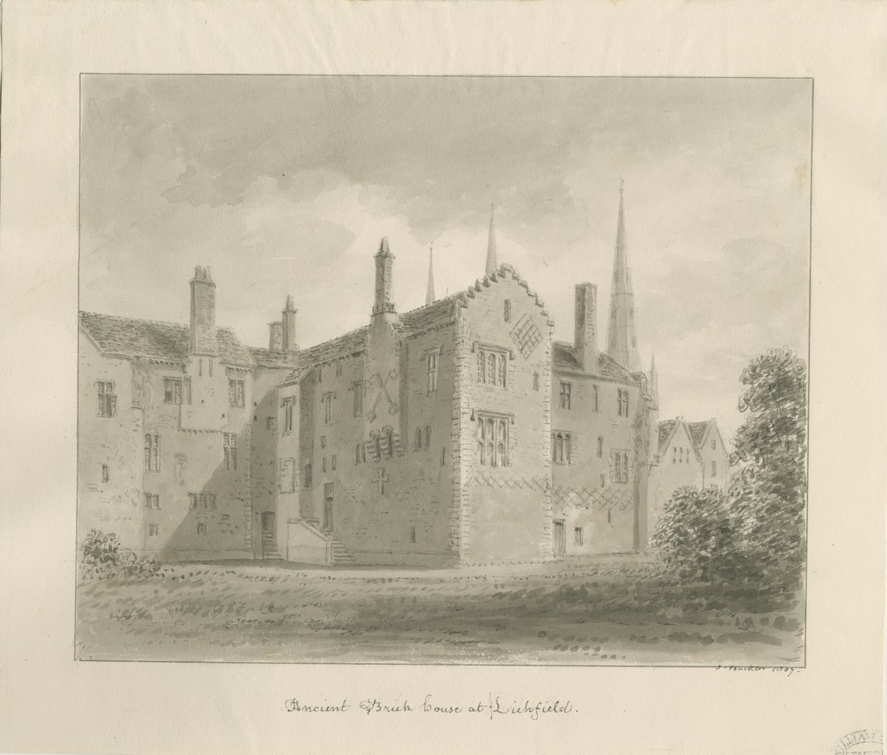 Lichfield - Régi ház a közelben: szépia rajz alkotó: John Buckler