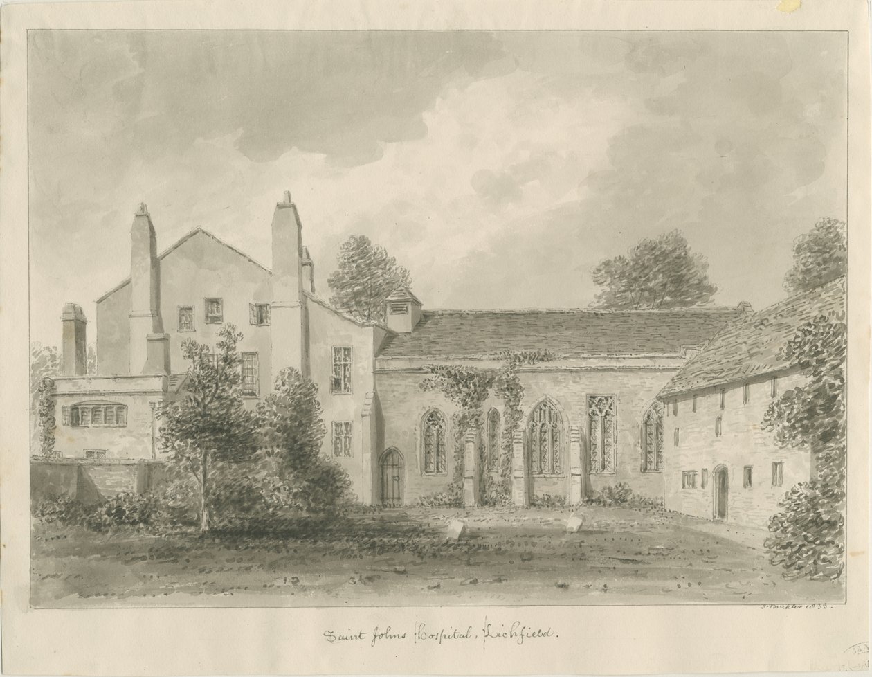 Lichfield - Szent János Kórház és Kápolna: szépia rajz alkotó: John Buckler