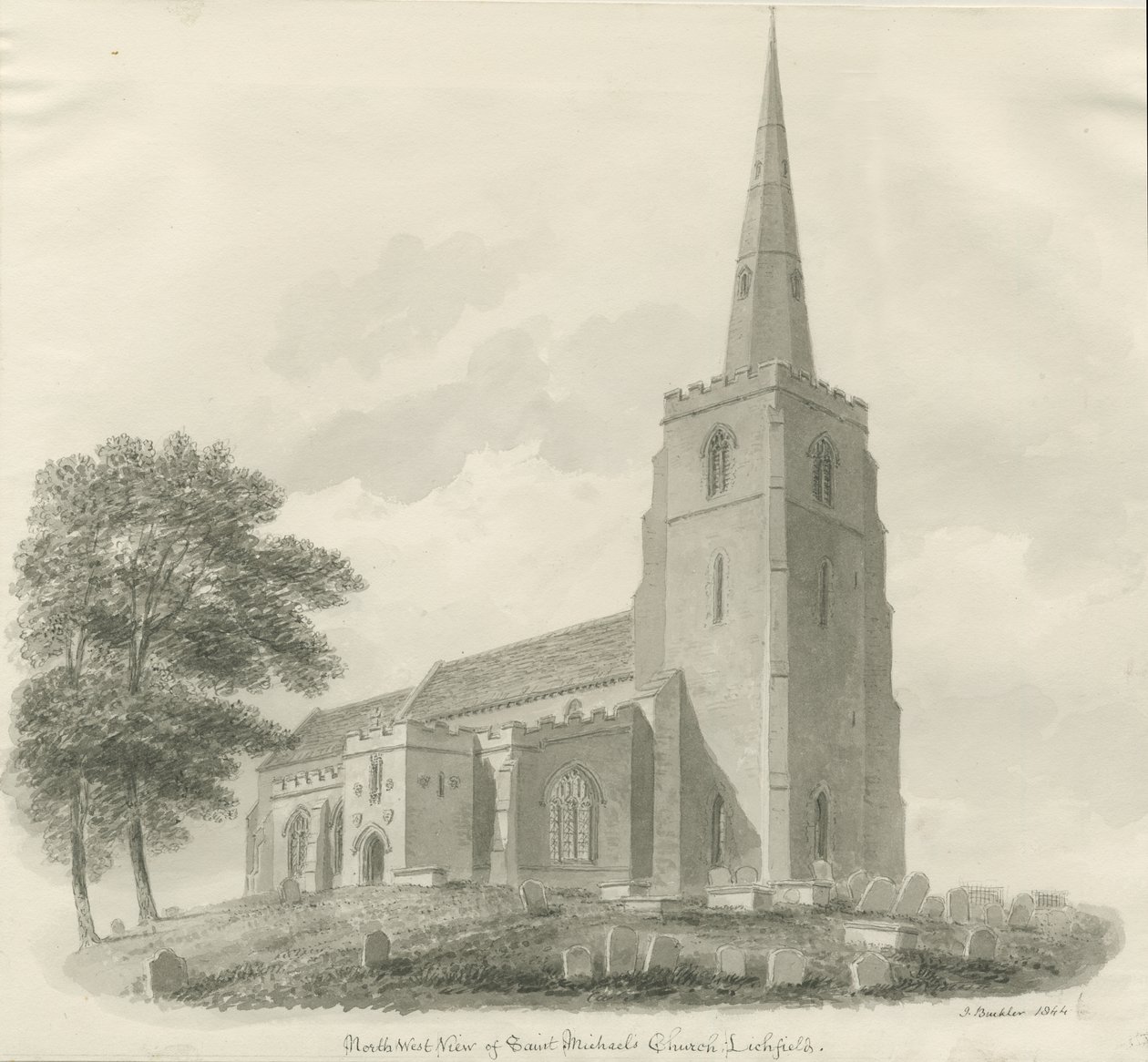Lichfield - Szent Mihály templom: szépia rajz alkotó: John Buckler