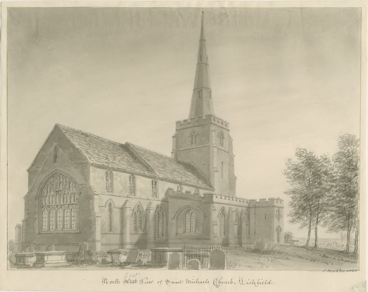 Lichfield - Szent Mihály templom: szépia rajz alkotó: John Buckler