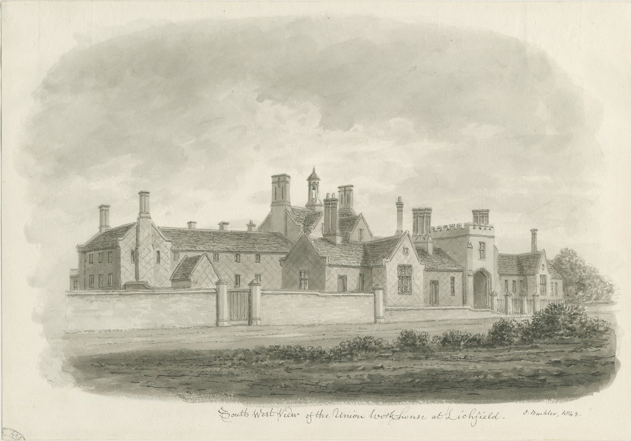 Lichfield - Union Workhouse: szépia rajz alkotó: John Buckler