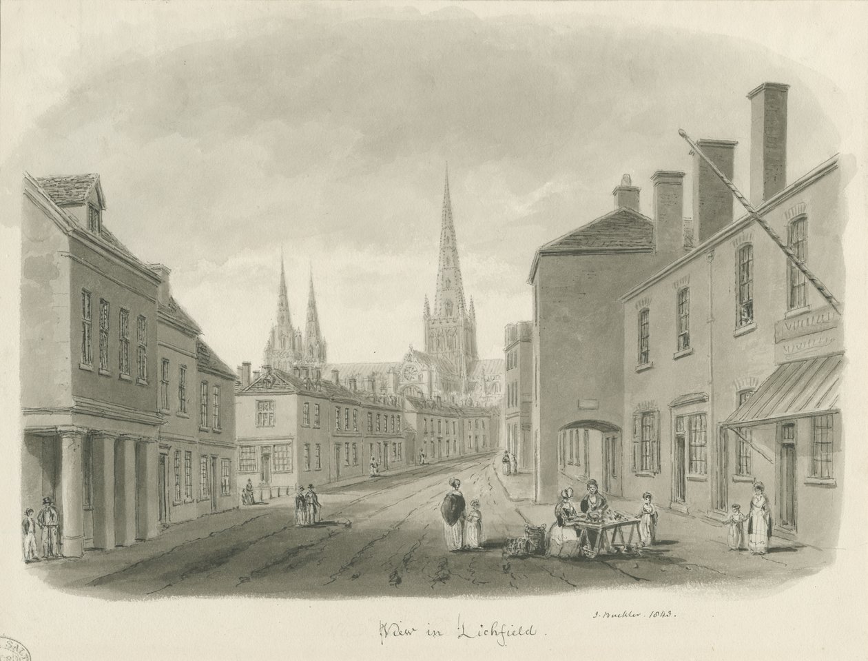 Lichfield - Utcakép: szépia rajz, 1843 alkotó: John Buckler