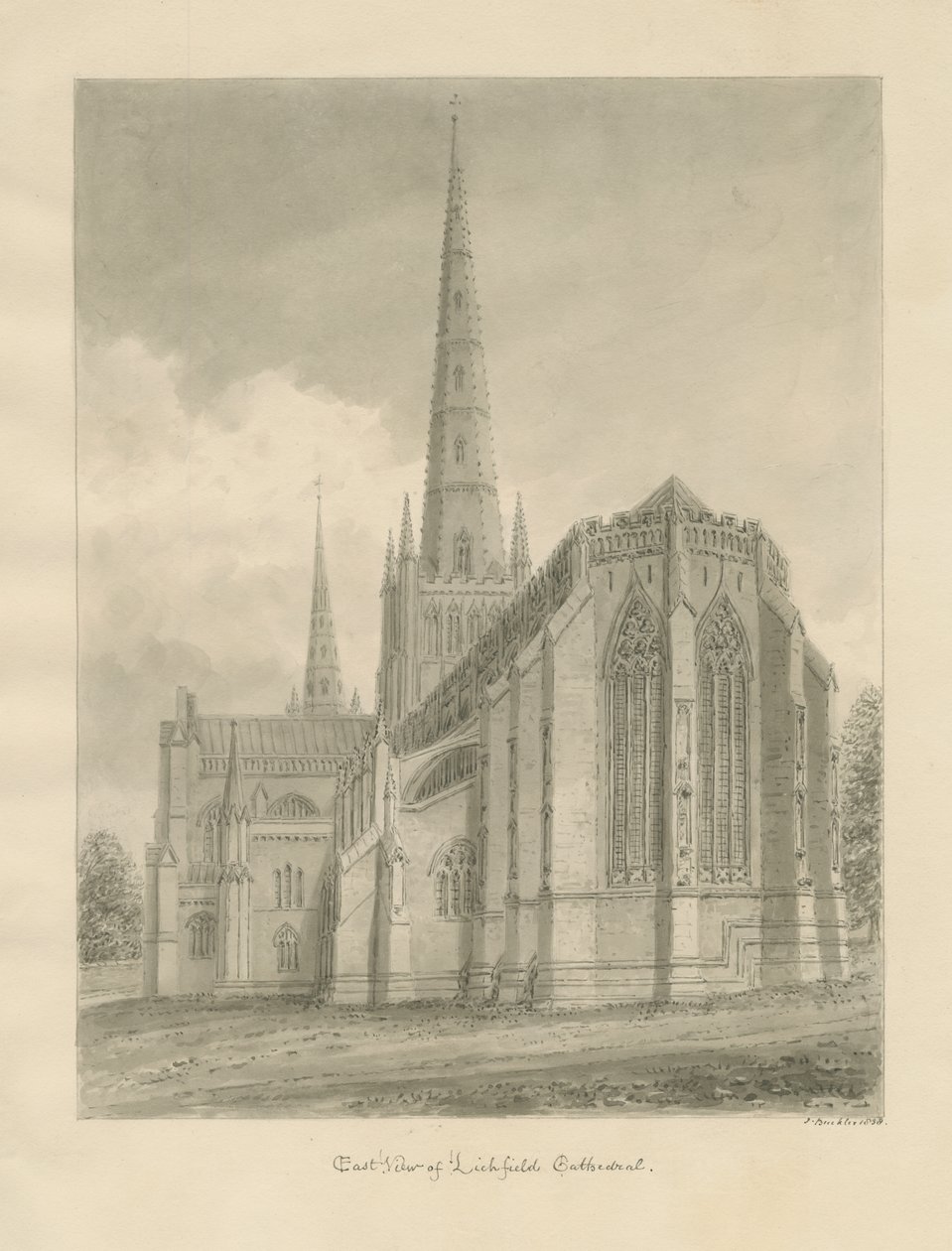 Lichfield katedrális – Keleti nézet: szépia rajz, 1838 alkotó: John Buckler