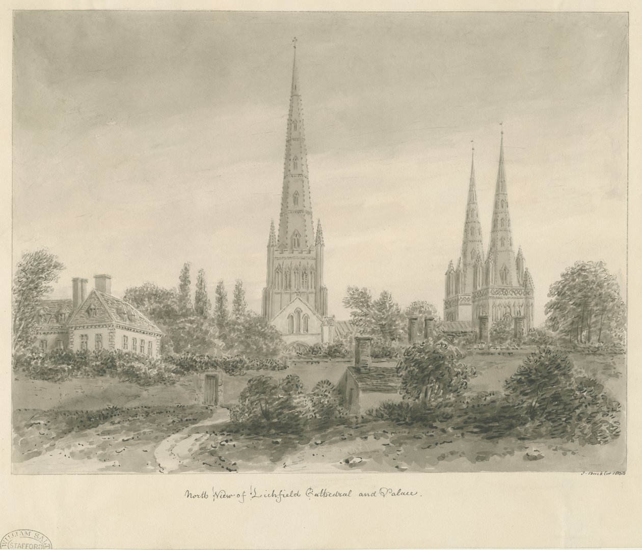 Lichfield katedrális – Északi nézet: szépia rajz, 1838 alkotó: John Buckler