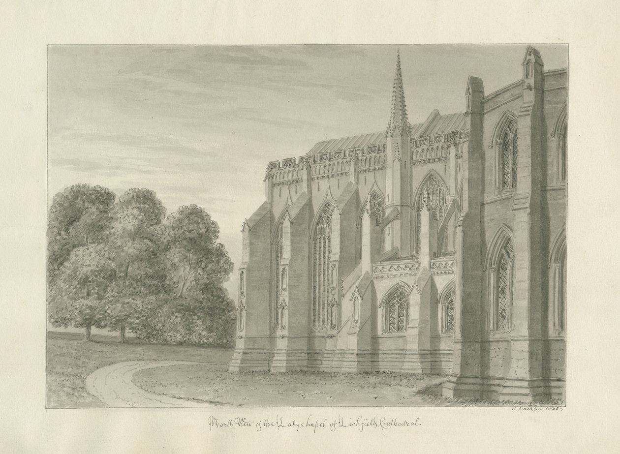 Lichfield katedrális – Északi nézet: szépia rajz, 1845 alkotó: John Buckler