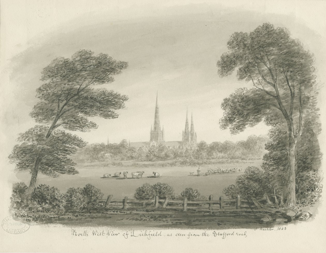 Lichfield katedrális – északnyugati nézet (távoli): szépia rajz alkotó: John Buckler