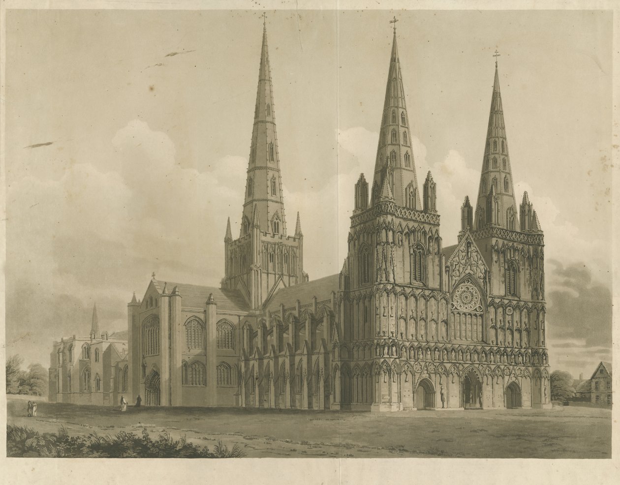 Lichfield katedrális – északnyugati nézet: akvatinta metszet, nd [1807] alkotó: John Buckler