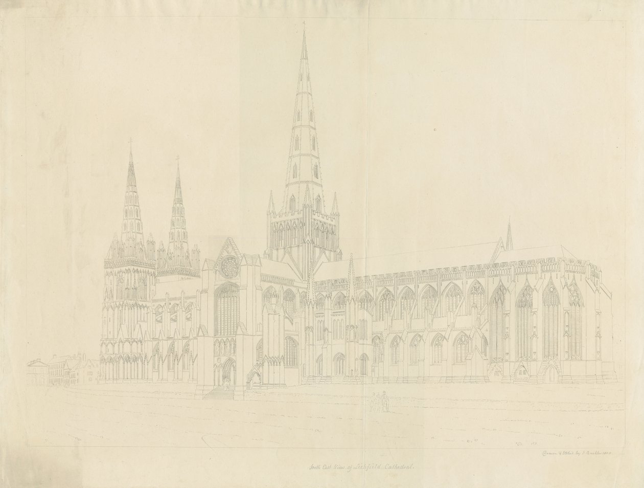 Lichfield-székesegyház – Délkeleti nézet: vázlatos rézkarc, nd [1808] alkotó: John Buckler