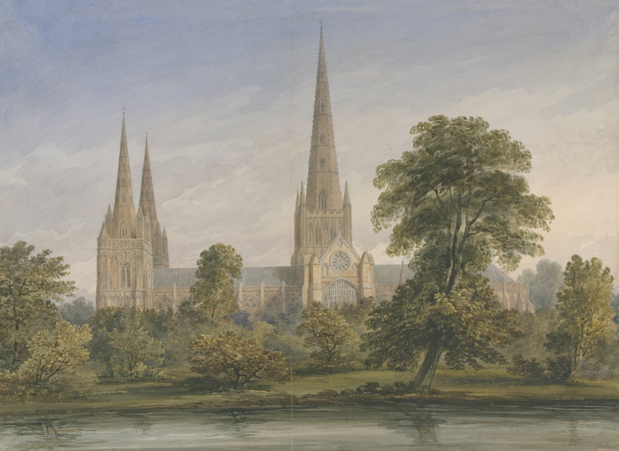 Lichfield katedrális – Délkeleti nézet: akvarell festmény, nd [?1842] alkotó: John Buckler