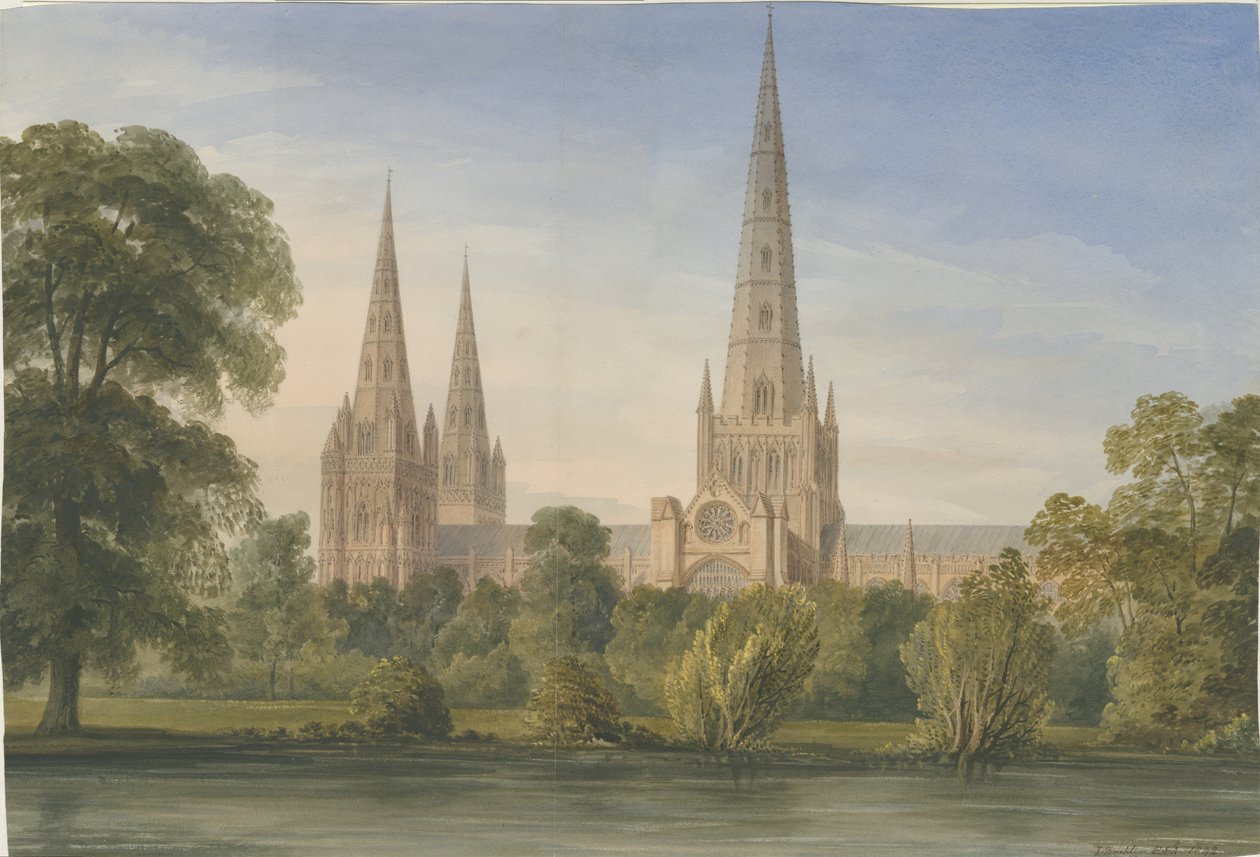 Lichfield katedrális – Dél-Délkeleti nézet: akvarell festmény, 1842 alkotó: John Buckler