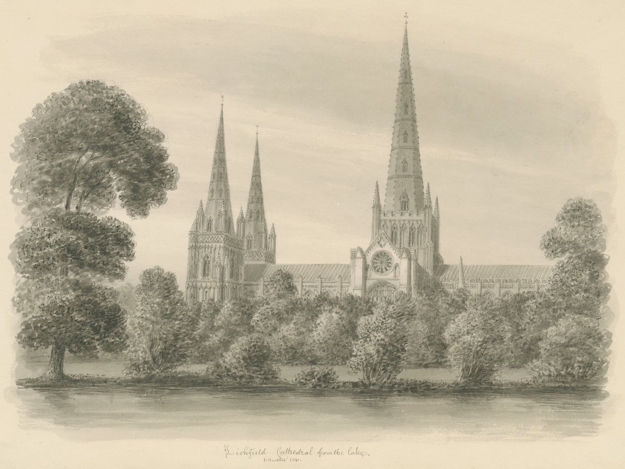 Lichfield katedrális – déli nézet: szépia rajz alkotó: John Buckler