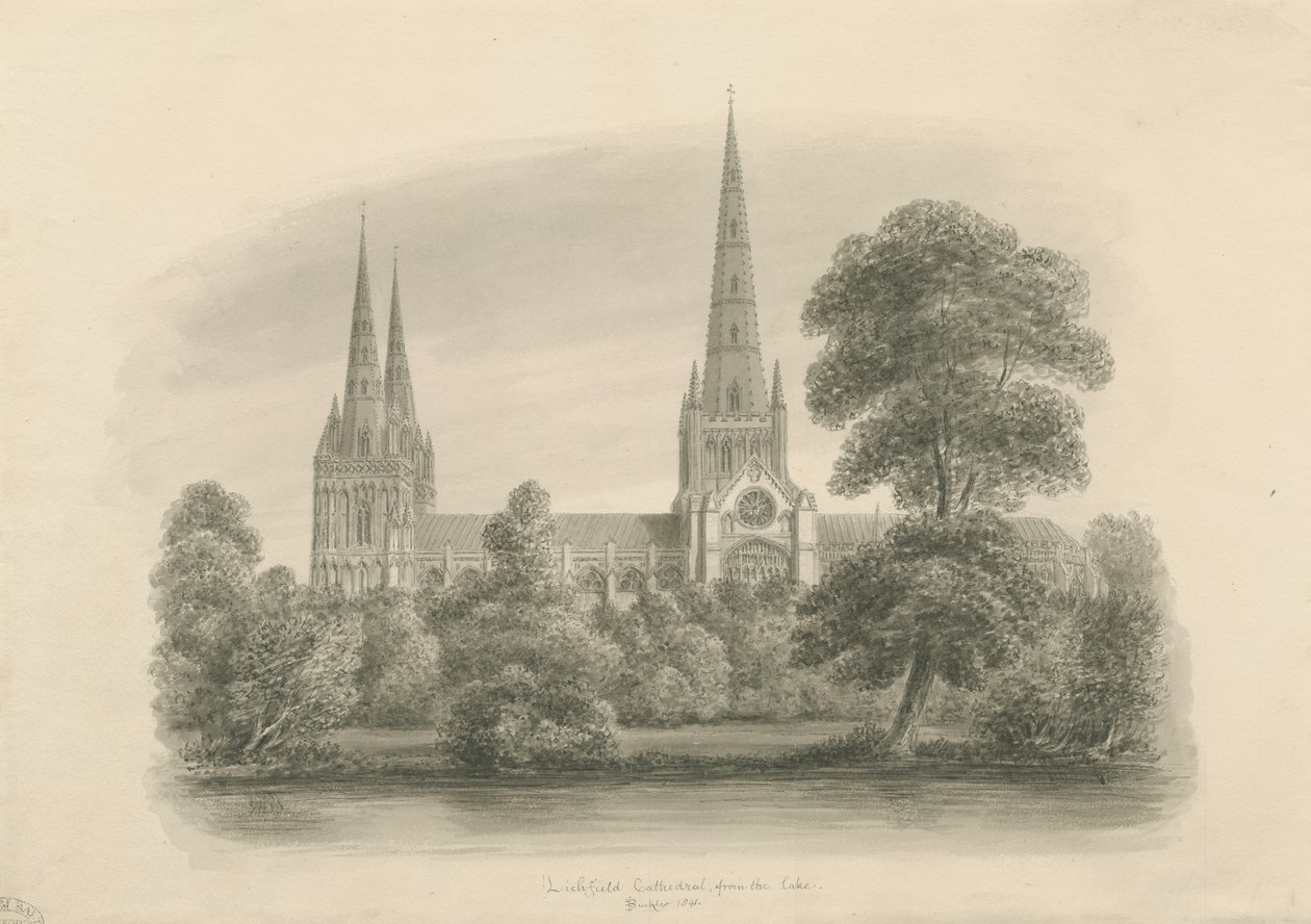 Lichfield katedrális – Déli nézet: szépia rajz, 1841 alkotó: John Buckler