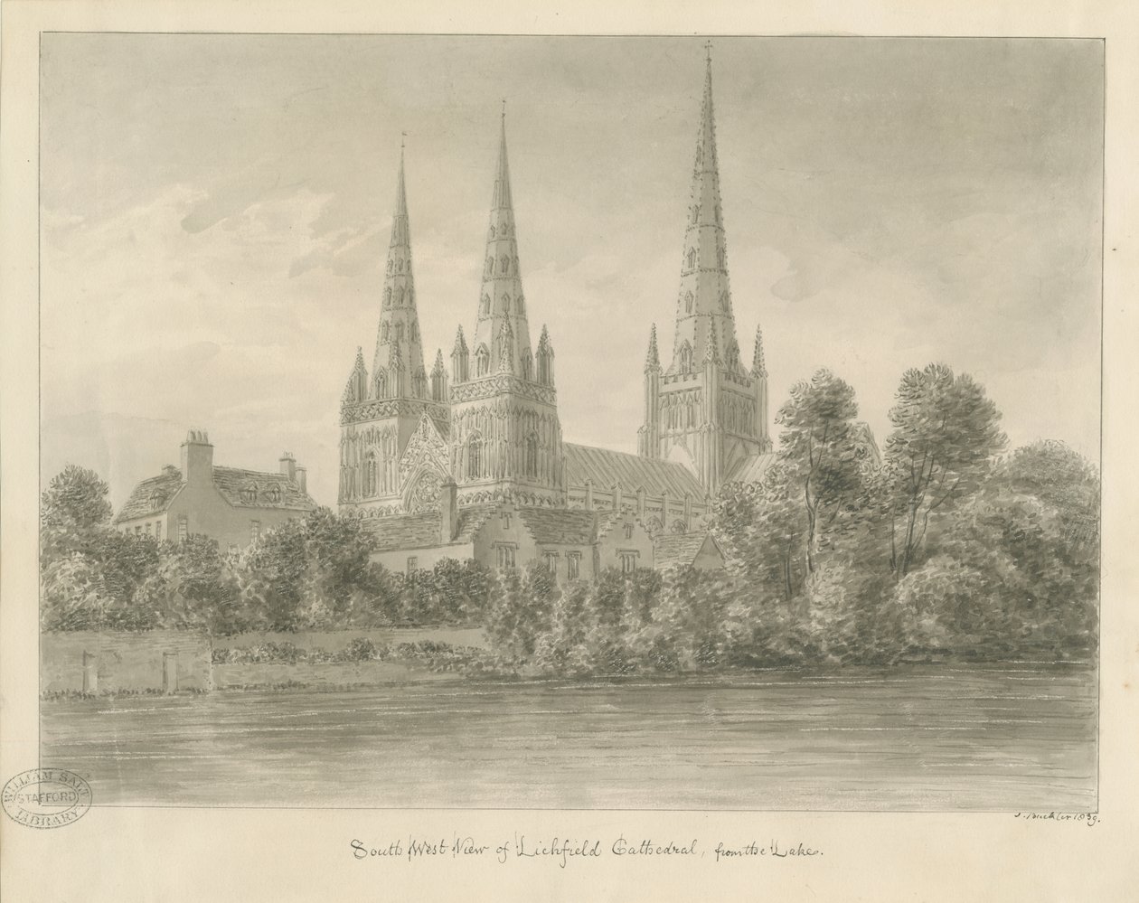 Lichfield katedrális – délnyugati nézet: szépia rajz alkotó: John Buckler