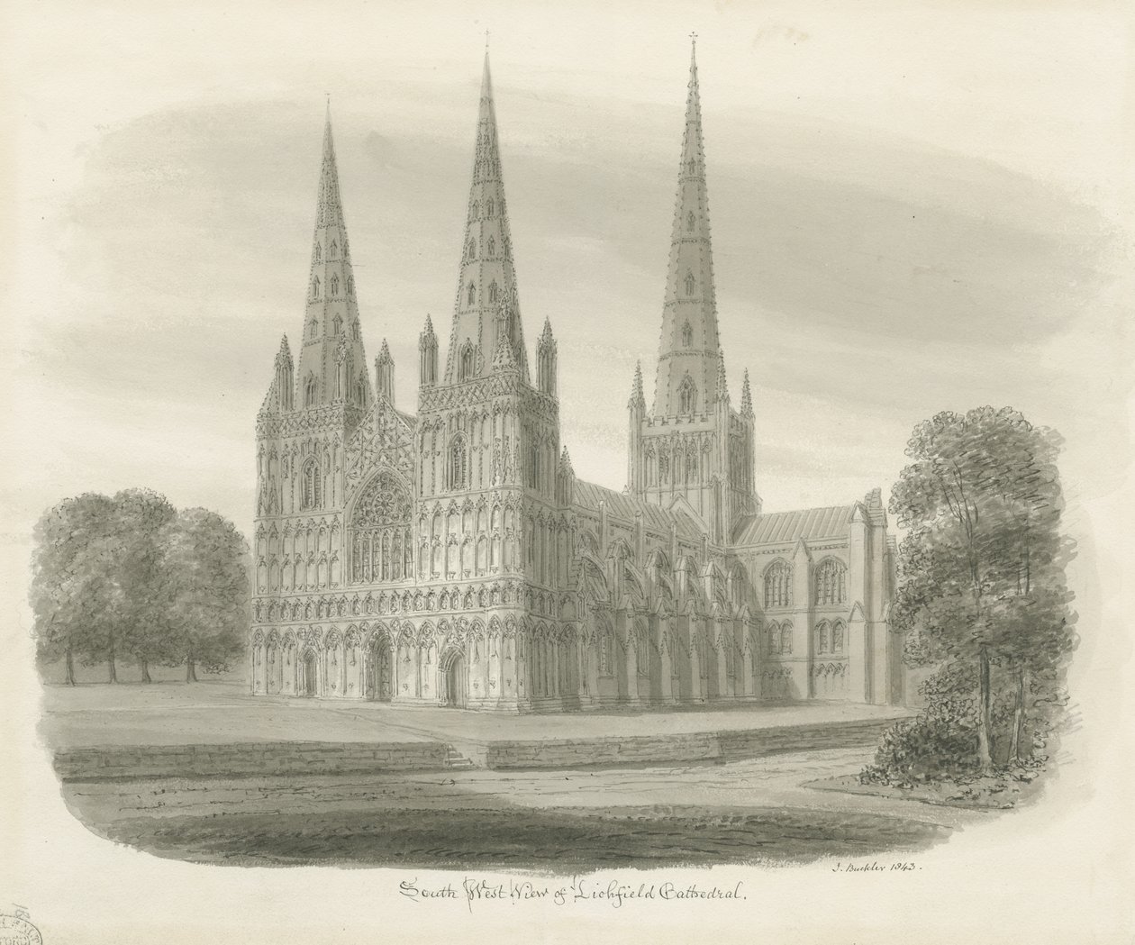 Lichfield katedrális – délnyugati nézet: szépia rajz alkotó: John Buckler