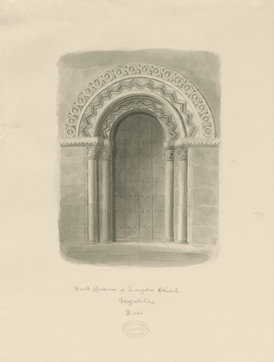 Longdon templom - Déli ajtó: szépia rajz alkotó: John Buckler