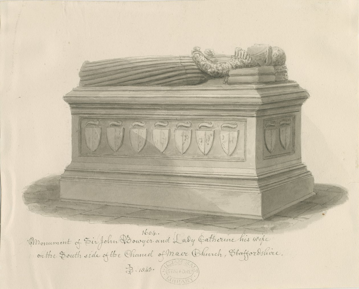 Maer templom - Sir John Bowyer és Lady Catherine emlékműve: szépia mosás rajz, 1843 alkotó: John Buckler