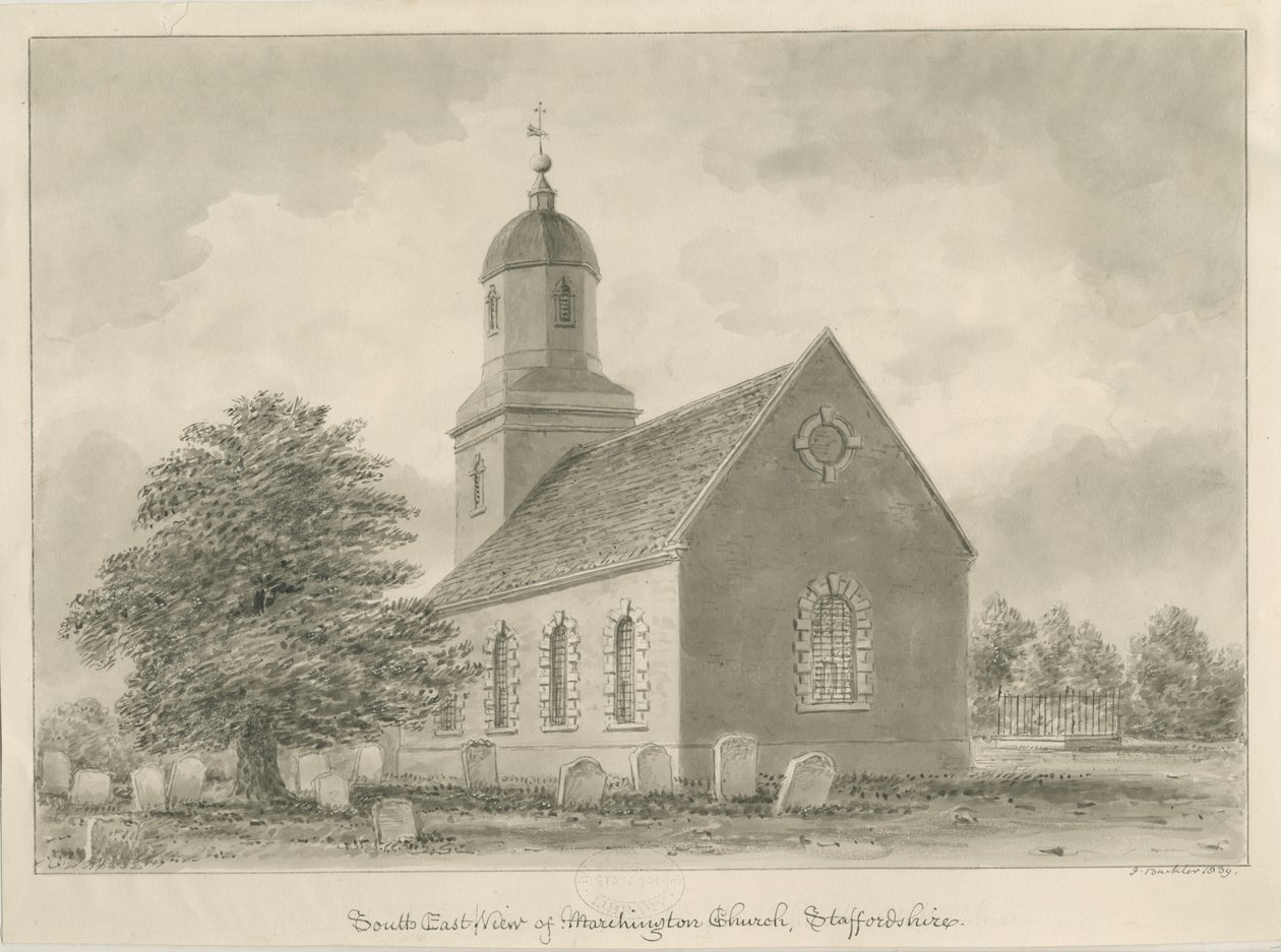 Marchington Church: szépia rajz alkotó: John Buckler