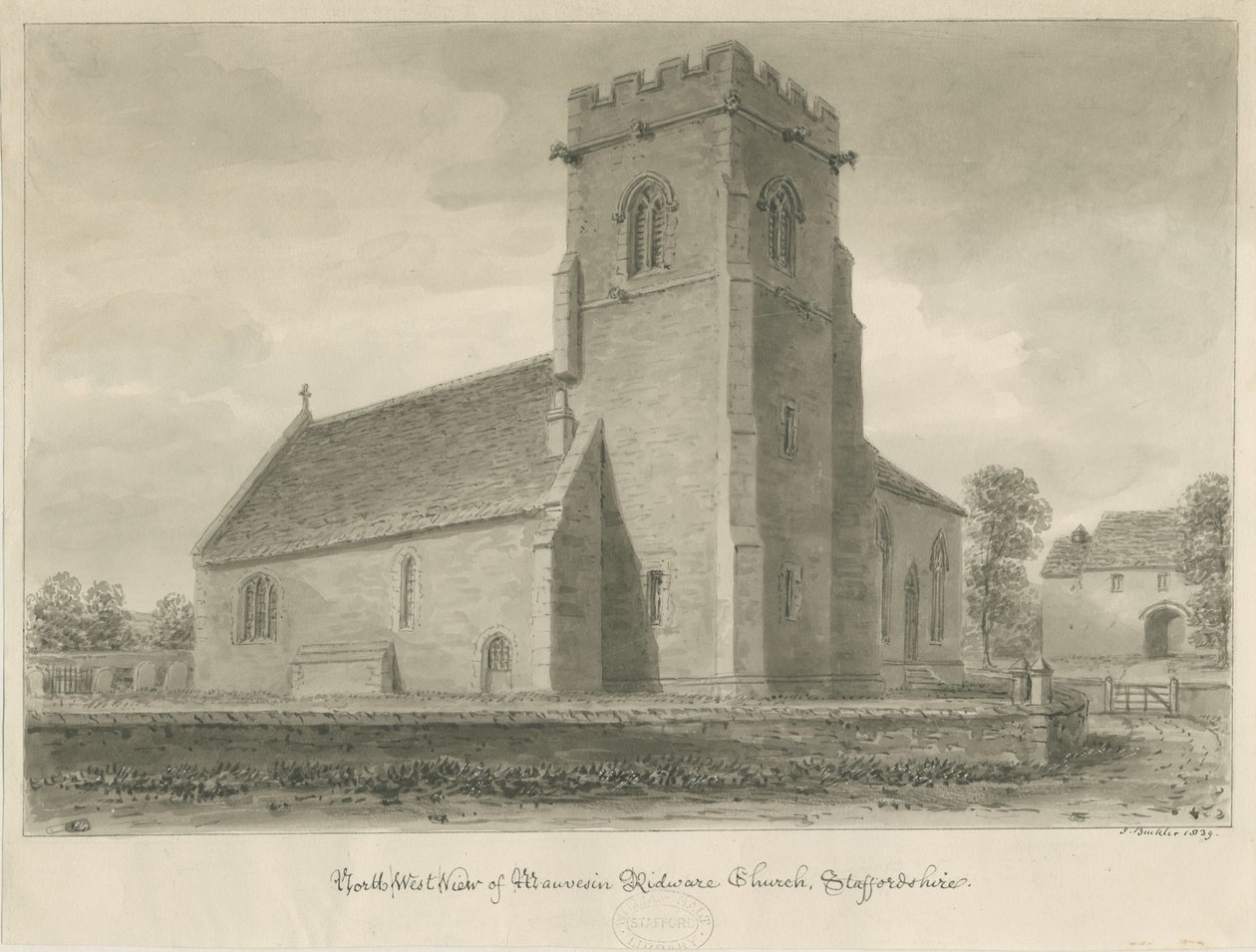 Mavesyn Ridware Church: szépia rajz, 1839 alkotó: John Buckler