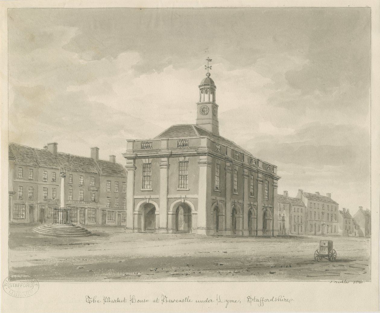 Newcastle-under-Lyme – Piac tér: szépia mosás rajza, 1840 alkotó: John Buckler