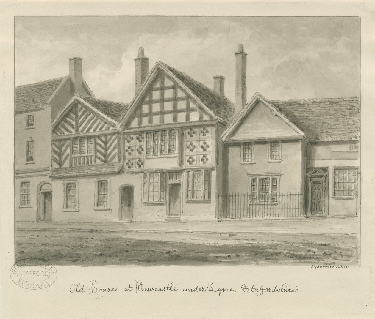Newcastle-under-Lyme – Régi házak: szépia rajz, 1840 alkotó: John Buckler