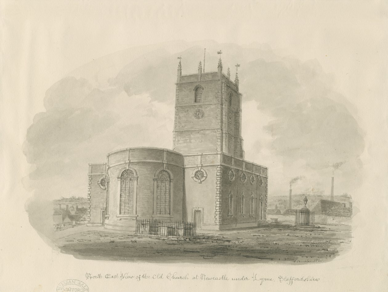 Newcastle-under-Lyme – „St. Giles apát (Old Church): szépia mosás rajz alkotó: John Buckler