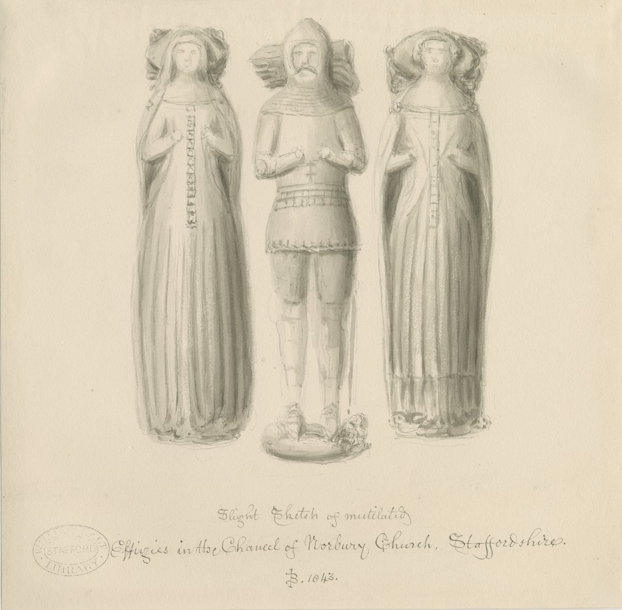 Norbury-templom - Effigy [Sir Edward Botiler]: szépia rajz alkotó: John Buckler