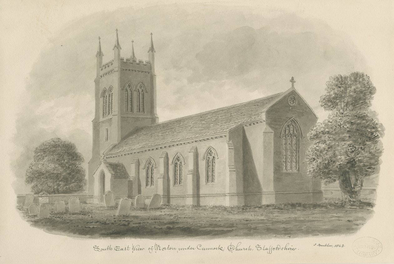 Norton Canes Church: szépia mosás rajz alkotó: John Buckler