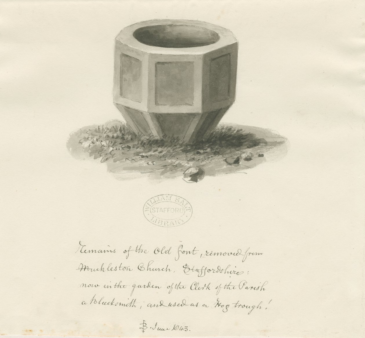 Régi betűtípus a Mucklestone templomból: szépia mosás rajz, 1843. június (rajz) alkotó: John Buckler