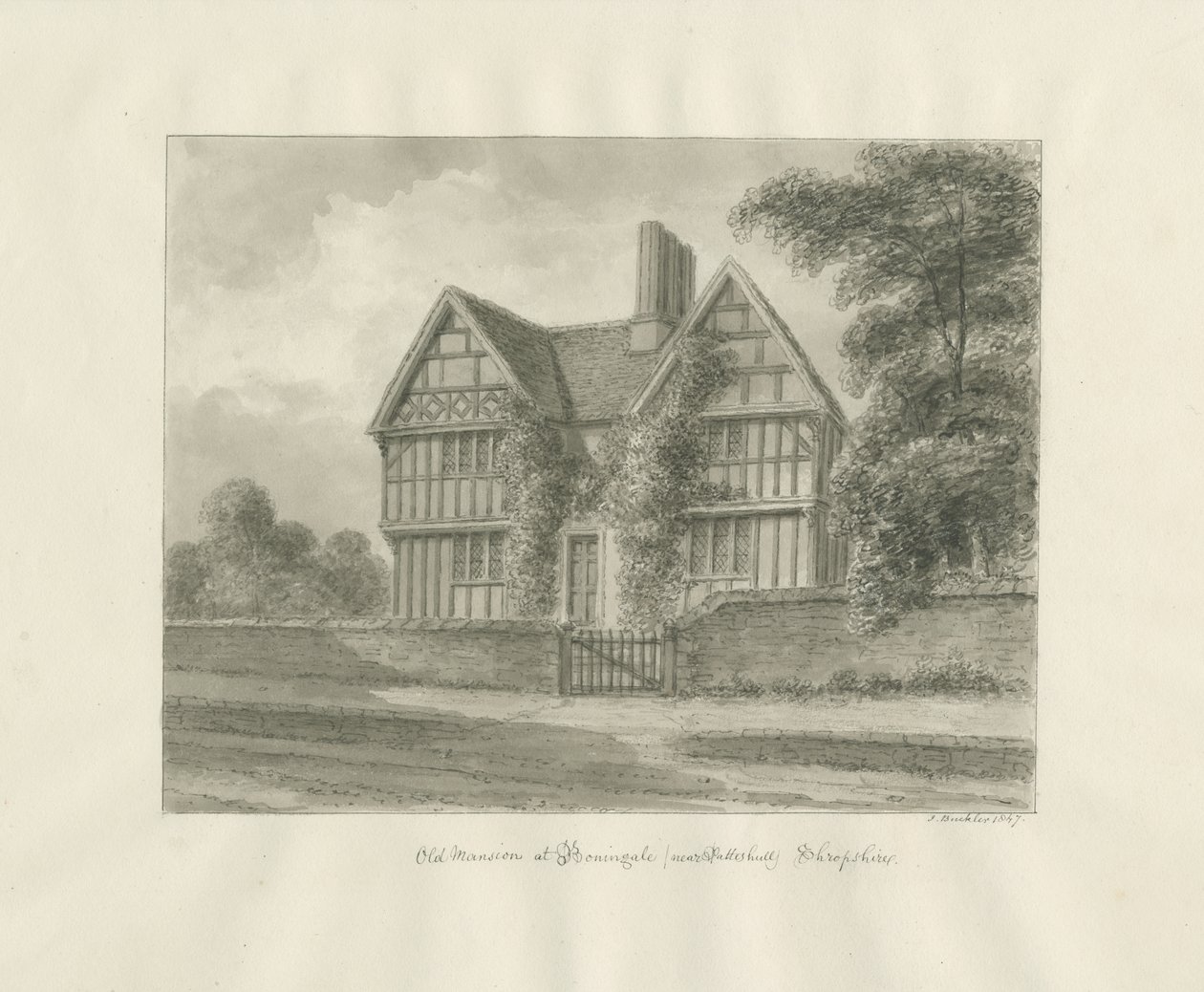 Patshull – Boningale régi kúria: szépia mosás rajza, 1847 alkotó: John Buckler