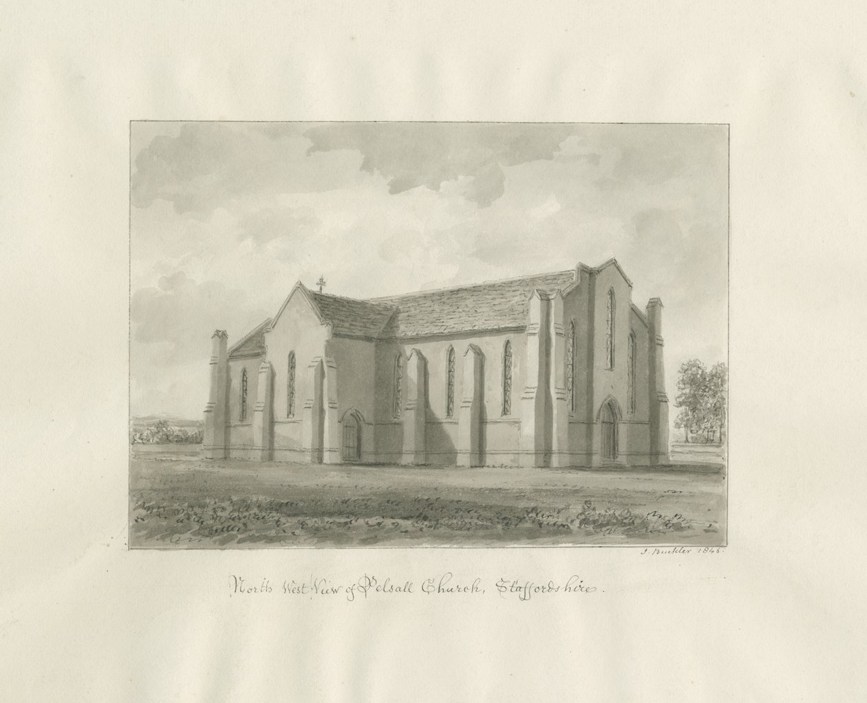 Pelsall templom: szépia rajz alkotó: John Buckler