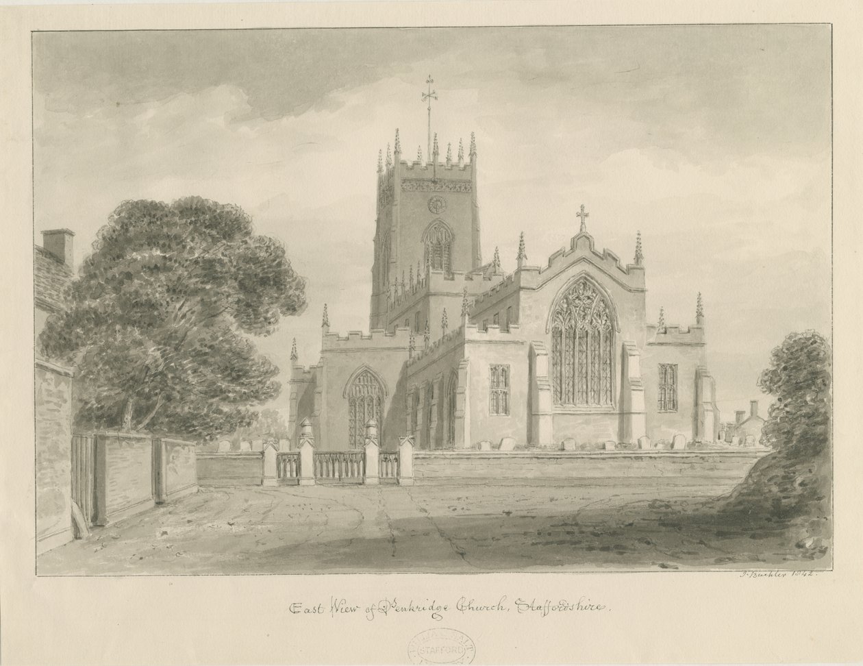 Penkridge templom: szépia rajz alkotó: John Buckler