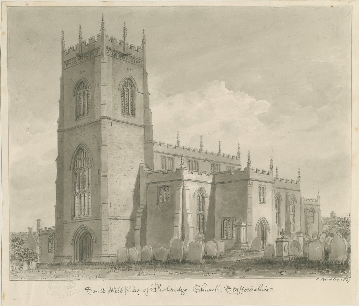 Penkridge templom: szépia rajz, 1837 alkotó: John Buckler