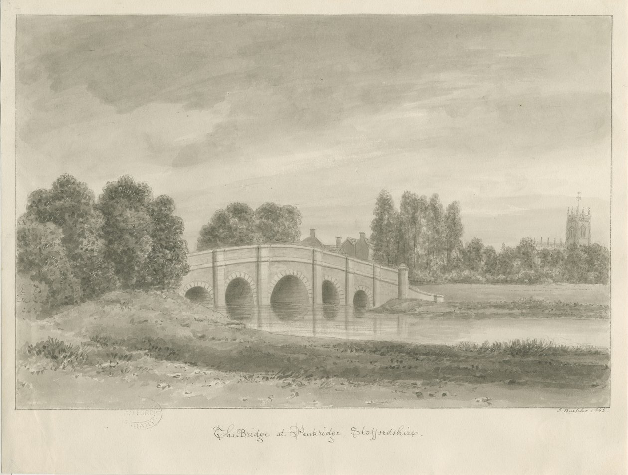 Penkridge Town - [Bull] Bridge: szépia rajz alkotó: John Buckler