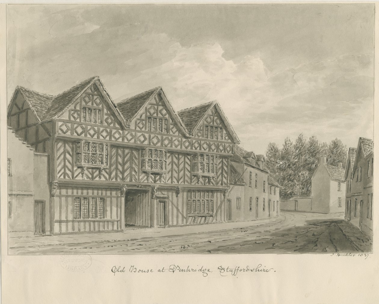 Penkridge Town - Old House: szépia rajz alkotó: John Buckler